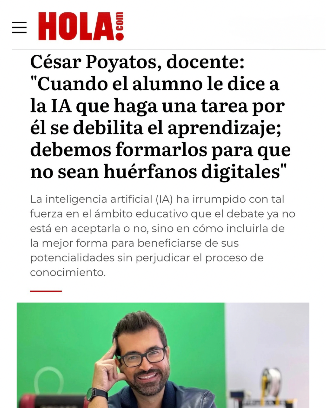 Recorte de ¡HOLA!: entrevista a César Poyatos Dorado sobre inteligencia artificial y educación, 2 de octubre de 2026.